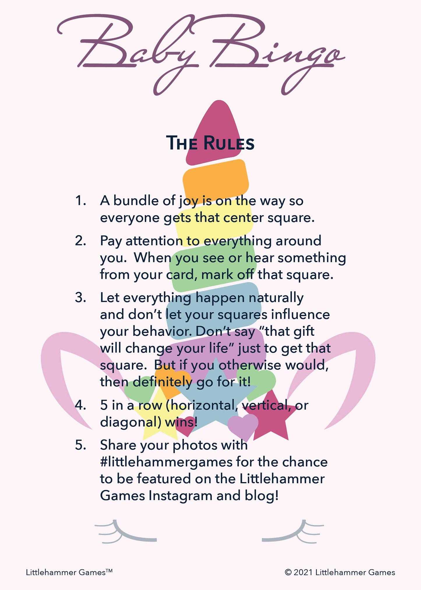 Baby Bingo rules card with a unicorn background