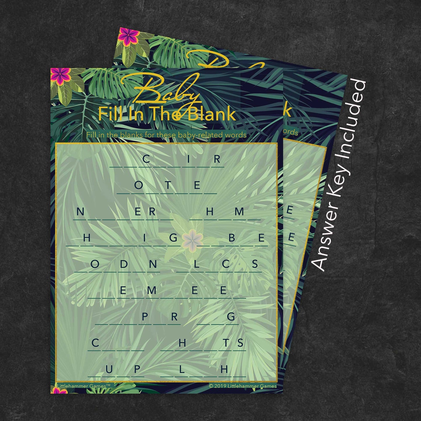Baby Fill in the Blank game card with a tropical background with answer card tucked behind it on a slate background with white text that says "Answer Key Included"