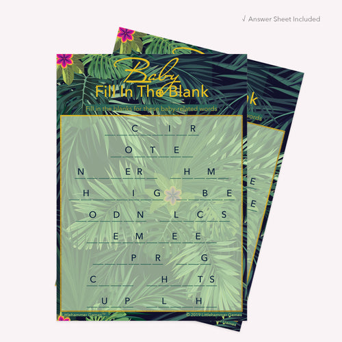Baby Fill in the Blank game card with a tropical background with answer card tucked behind it on a slate background with white text that says "Answer Key Included"
