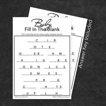 Baby Fill in the Blank game card with a minimalist black and white background with answer card tucked behind it on a slate background with white text that says "Answer Key Included"