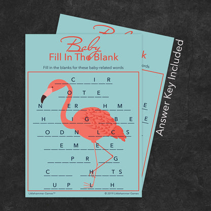 Baby Fill in the Blank game card with a flamingo background with answer card tucked behind it on a slate background with white text that says "Answer Key Included"