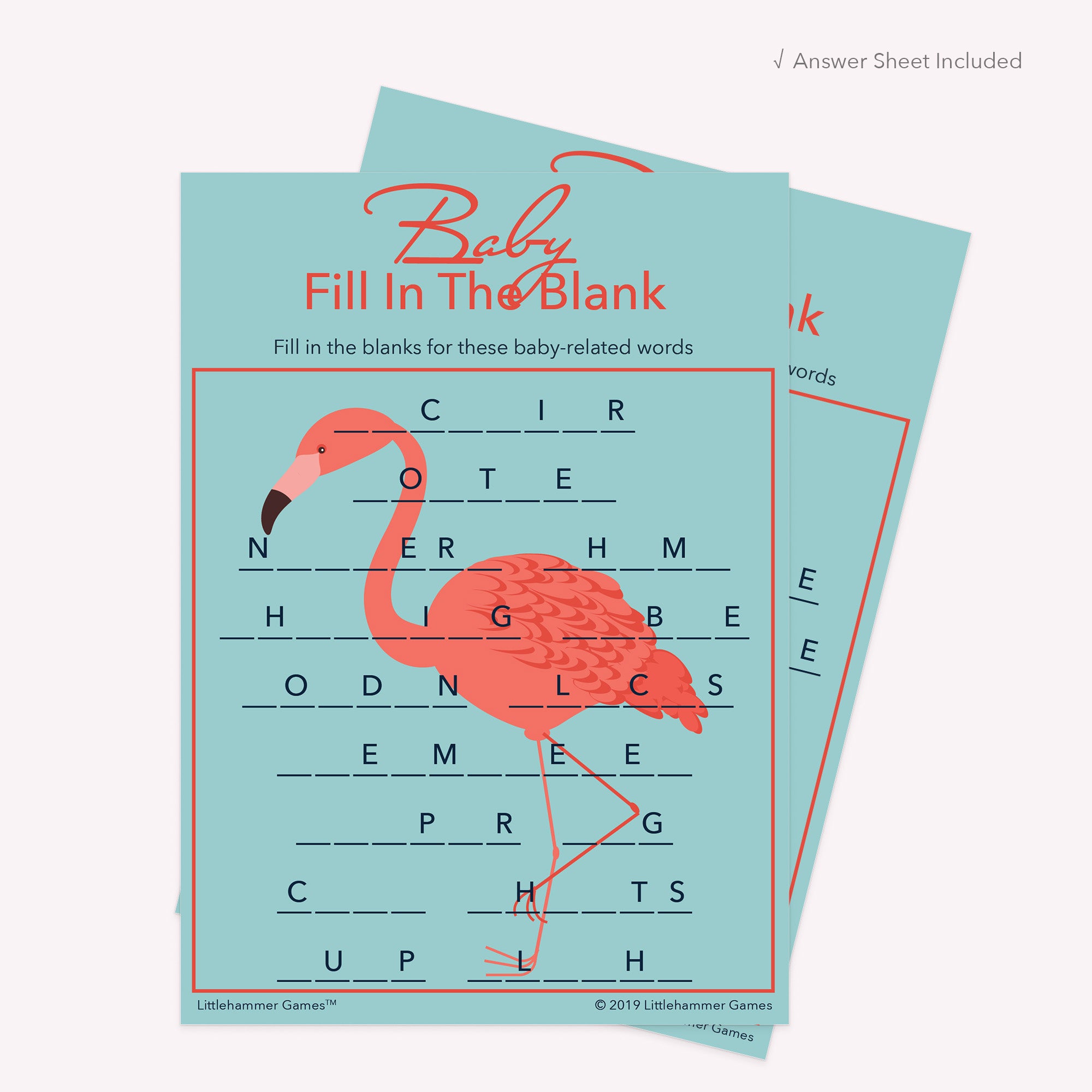 Baby Fill in the Blank game card with a flamingo background with answer card tucked behind it on a slate background with white text that says "Answer Key Included"