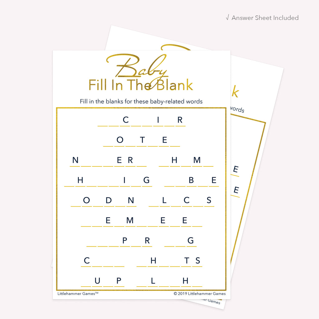 Gold and white printable Baby Fill in the Blank card shown with matching answer sheet behind it