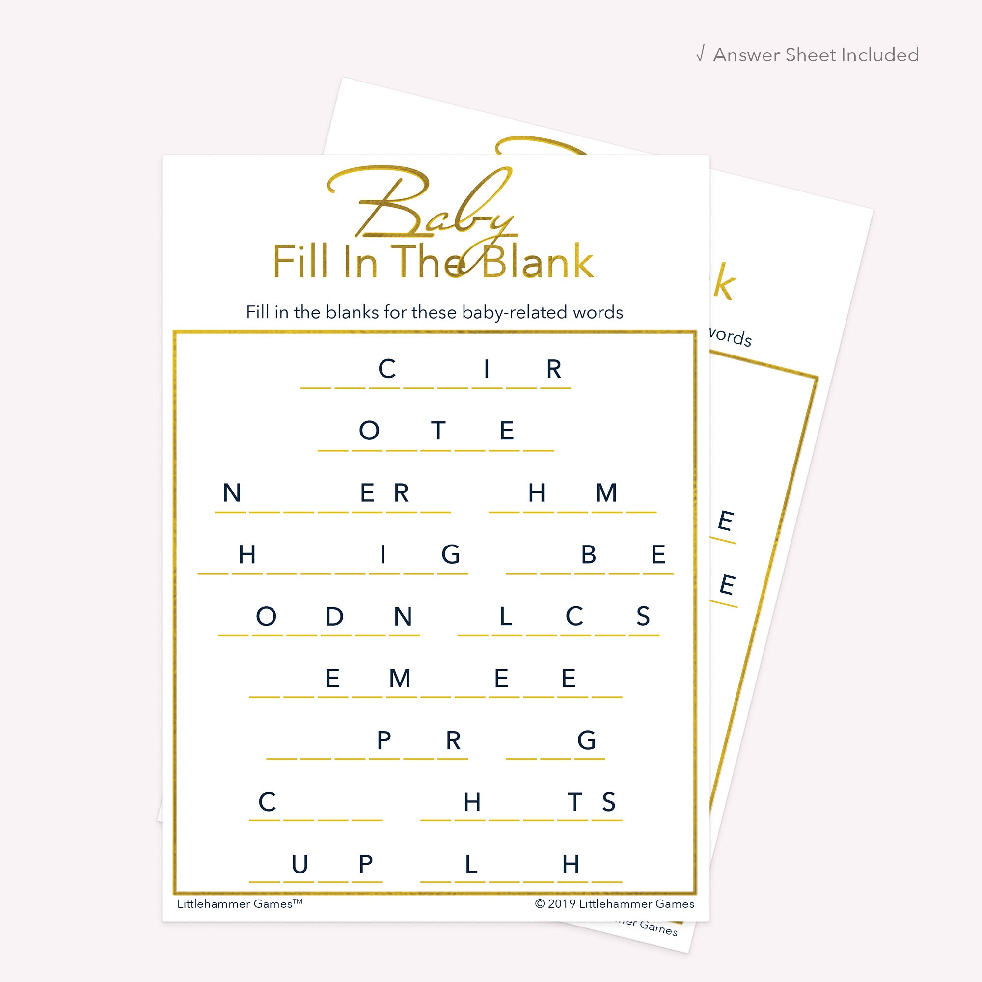 Gold and white printable Baby Fill in the Blank card shown with matching answer sheet behind it