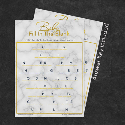 Baby Fill in the Blank game card with a gold and marble background with answer card tucked behind it on a slate background with white text that says "Answer Key Included"