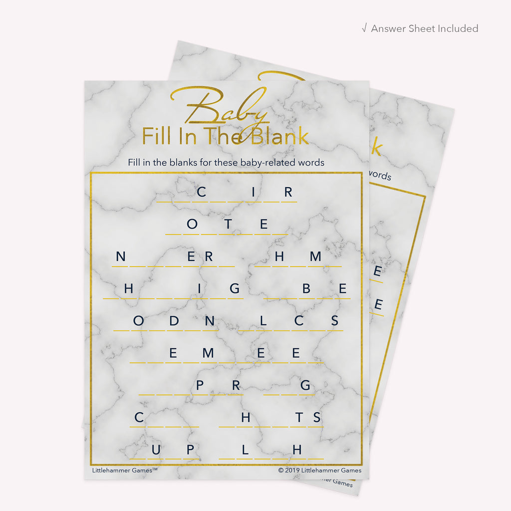 Gold marble printable Baby Fill in the Blank card shown with matching answer sheet behind it