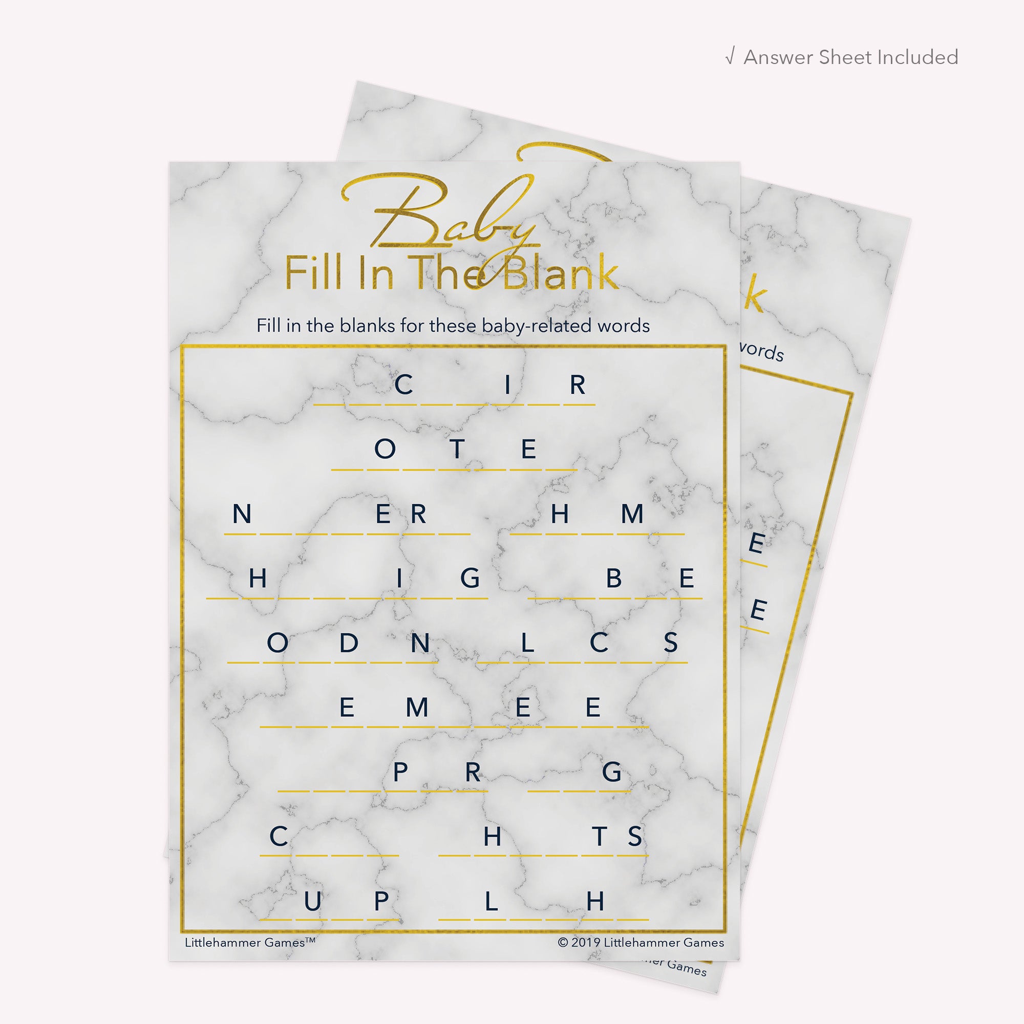 Gold marble printable Baby Fill in the Blank card shown with matching answer sheet behind it