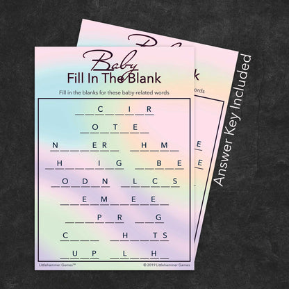 Baby Fill in the Blank game card with a hologram-themed background with answer card tucked behind it on a slate background with white text that says "Answer Key Included"