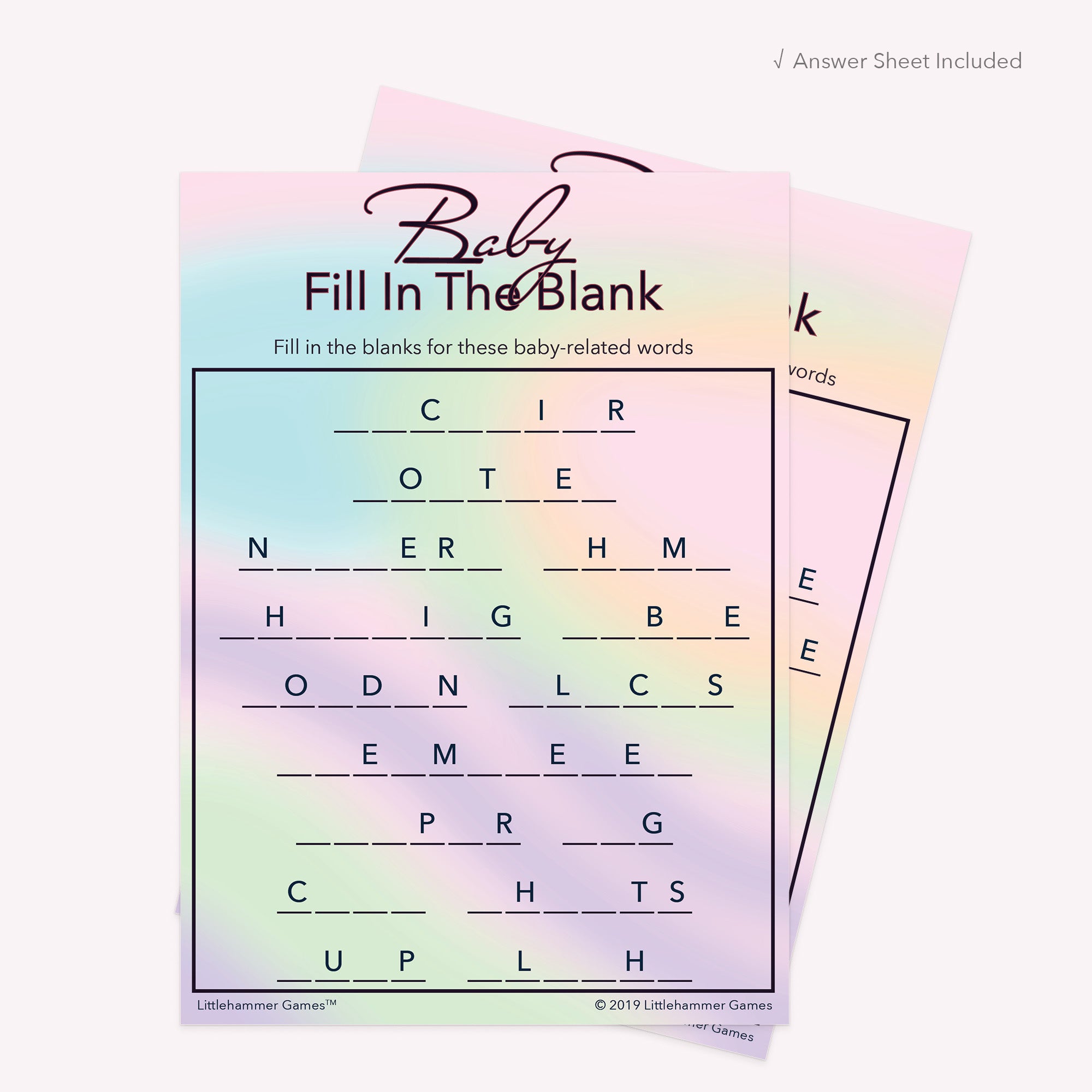 Iridescent hologram-themed printable Baby Fill in the Blank card shown with matching answer sheet behind it