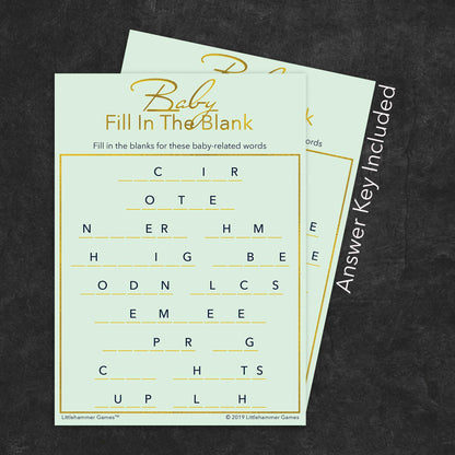 Baby Fill in the Blank game card with a mint and gold background with answer card tucked behind it on a slate background with white text that says "Answer Key Included"