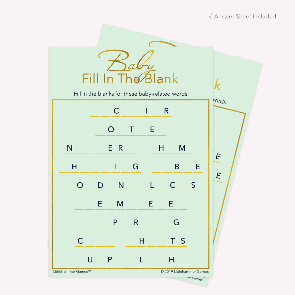Mint green and gold printable Baby Fill in the Blank card shown with matching answer sheet behind it