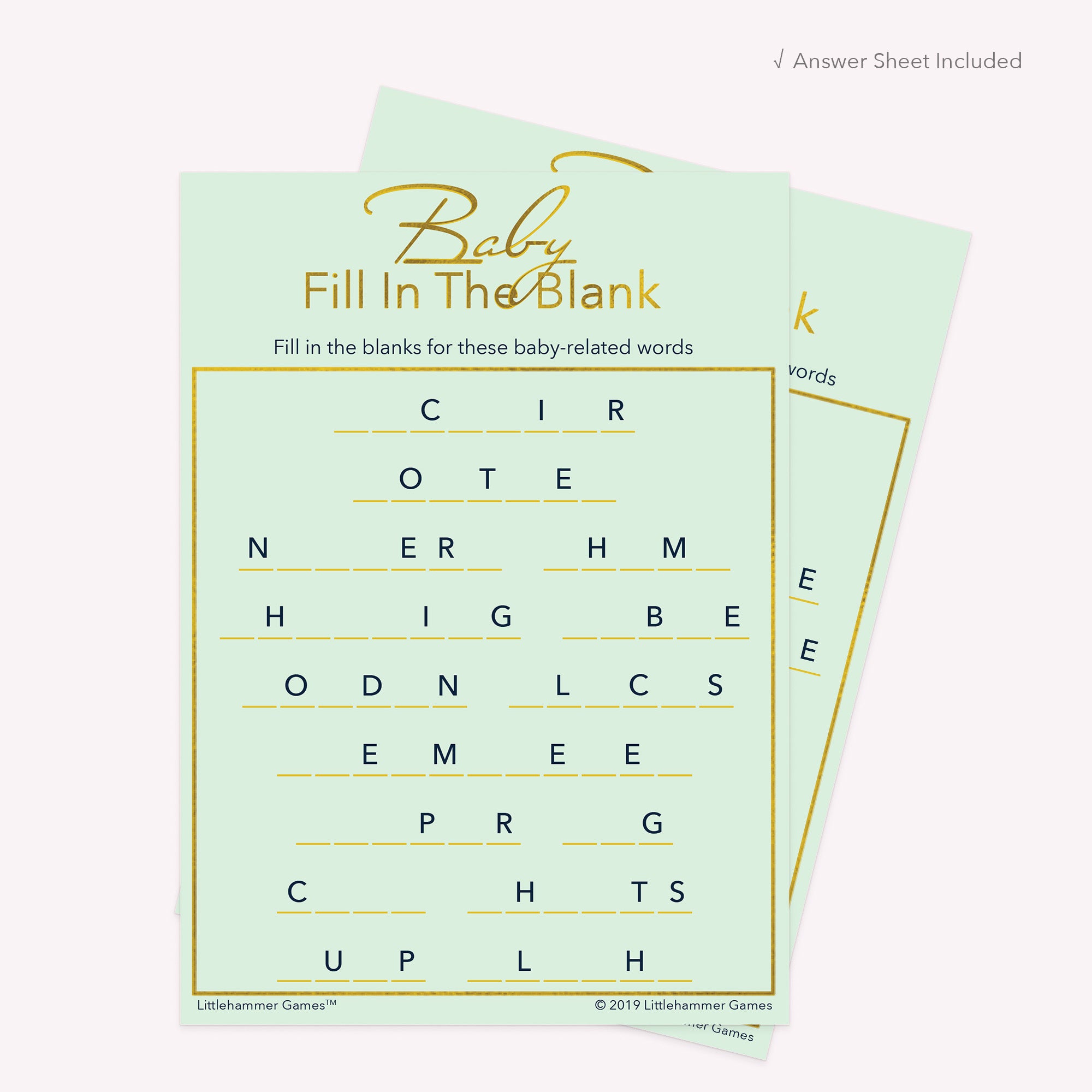 Mint green and gold printable Baby Fill in the Blank card shown with matching answer sheet behind it
