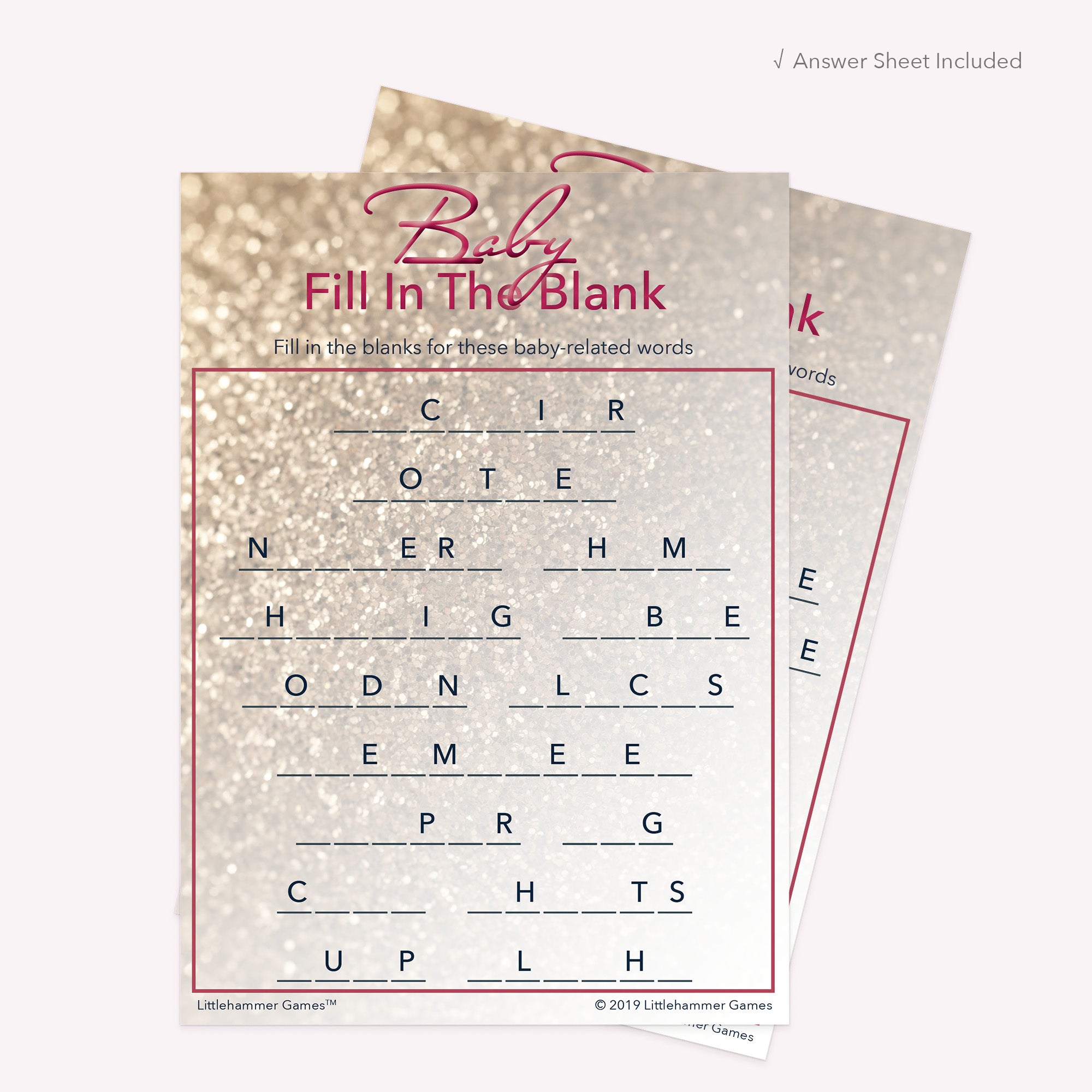 Glittery rose gold printable Baby Fill in the Blank card shown with matching answer sheet behind it