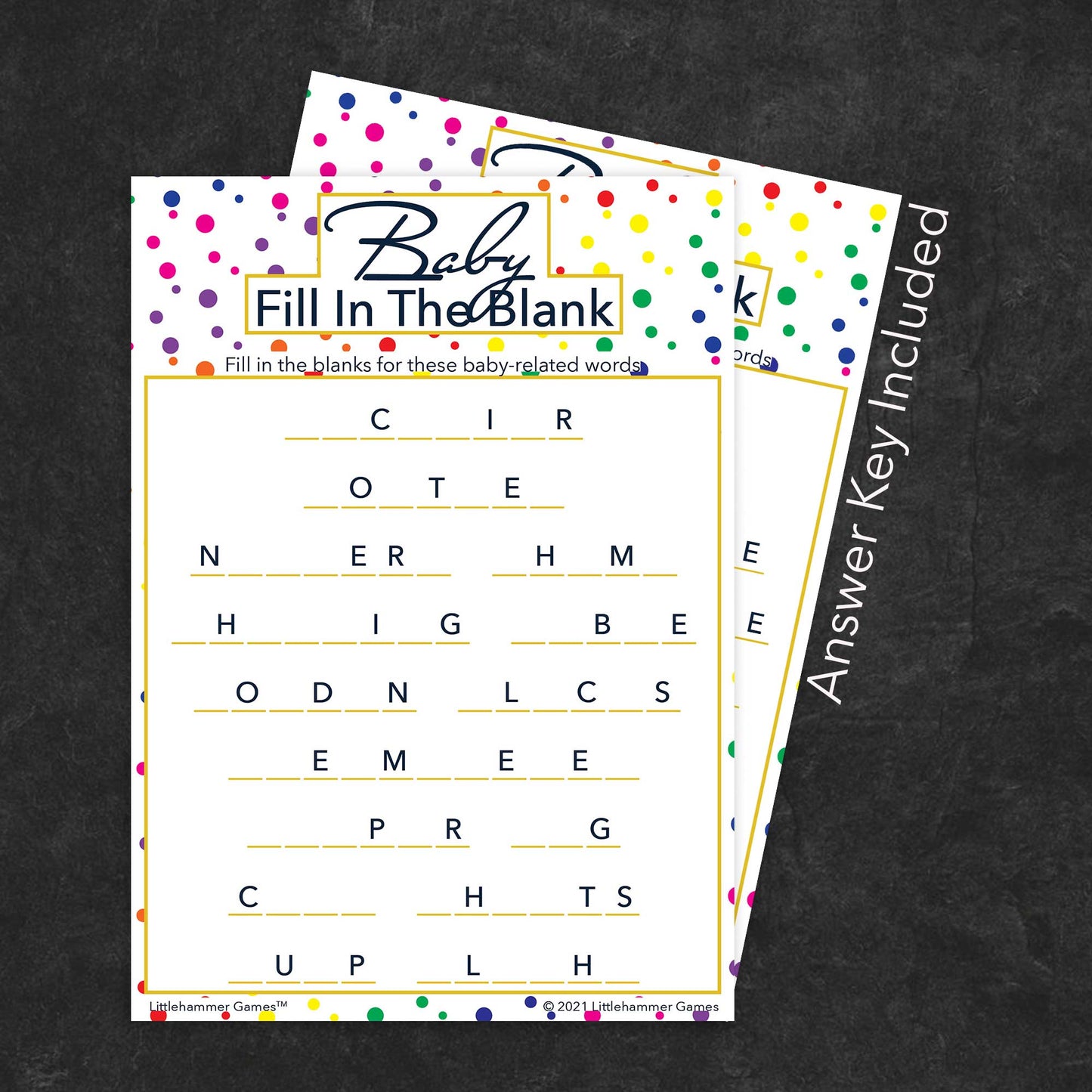 Baby Fill in the Blank game card with a rainbow polka dot background with answer card tucked behind it on a slate background with white text that says "Answer Key Included"