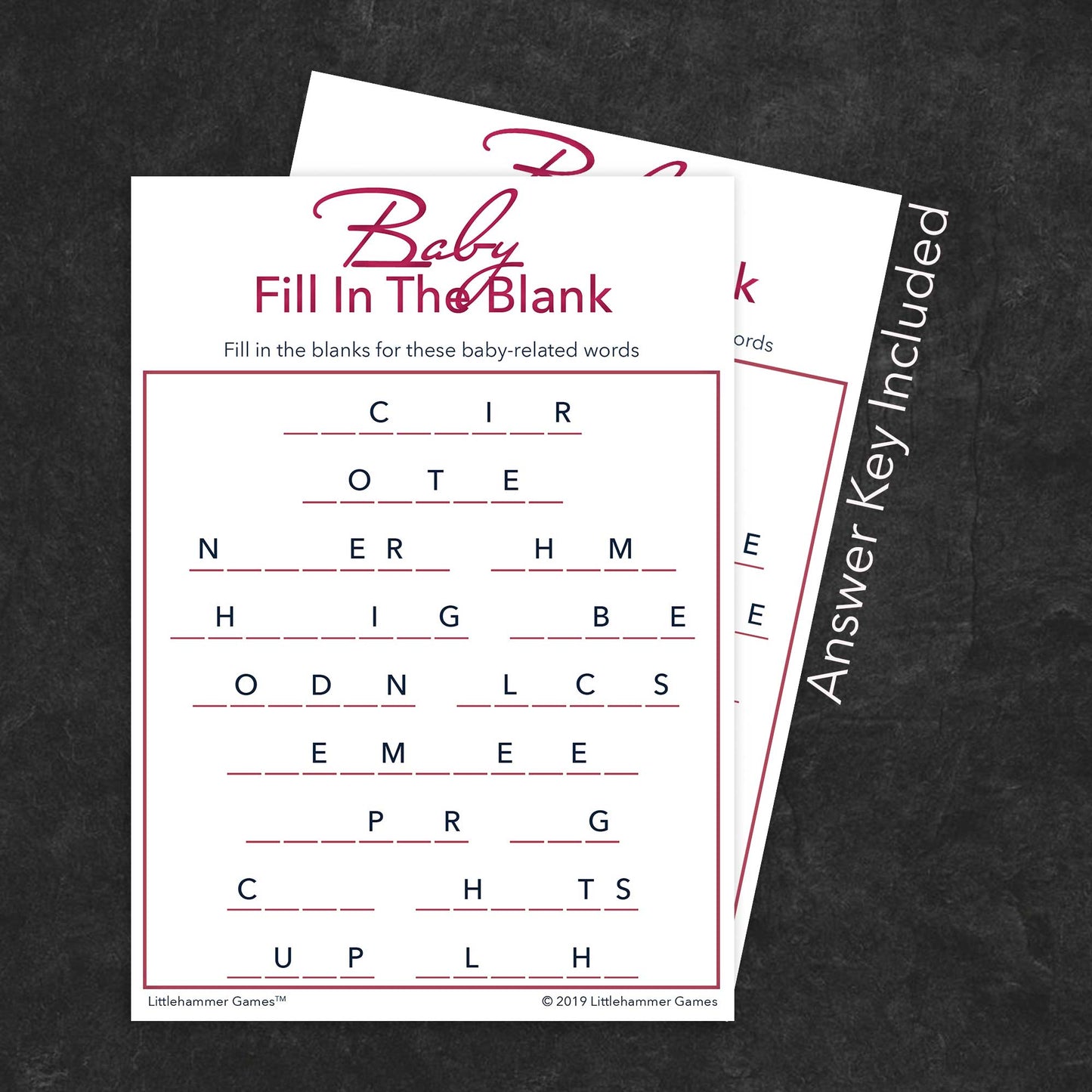 Baby Fill in the Blank game card with a rose gold and white background with answer card tucked behind it on a slate background with white text that says "Answer Key Included"