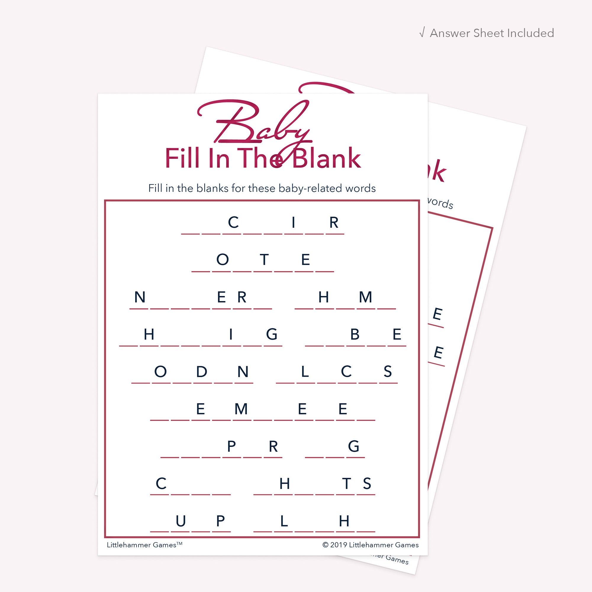 Baby Fill in the Blank game card with a rose gold and white background with answer card tucked behind it on a slate background with white text that says "Answer Key Included"