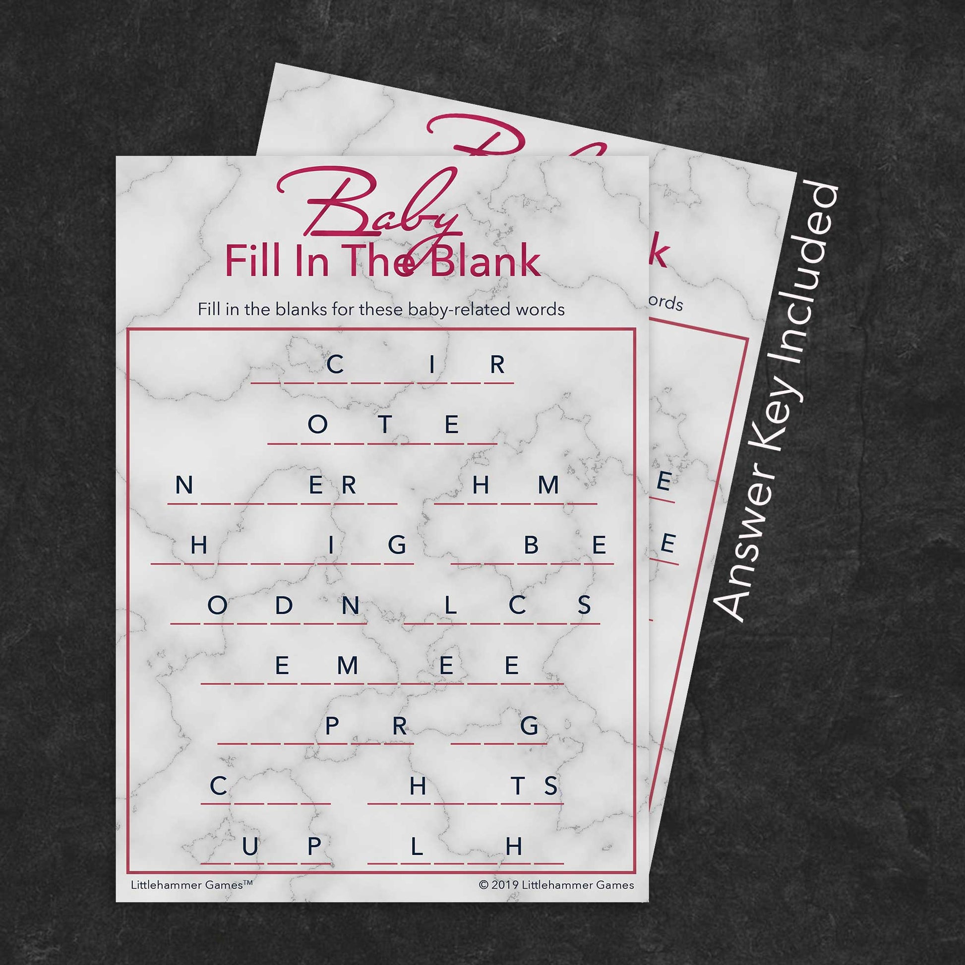 Baby Fill in the Blank game card with a rose gold and marble background with answer card tucked behind it on a slate background with white text that says "Answer Key Included"