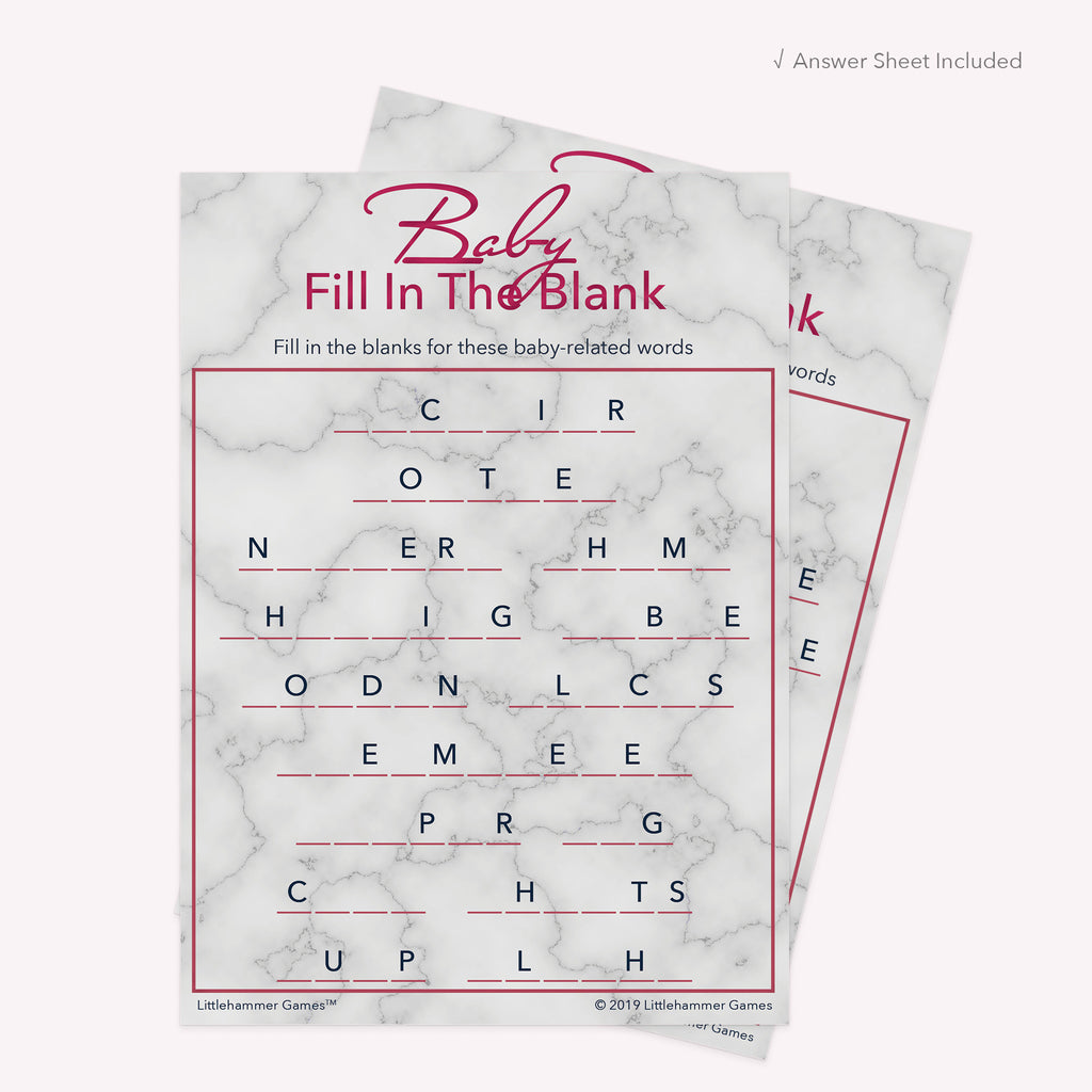 Baby Fill in the Blank game card with a rose gold and marble background with answer card tucked behind it on a slate background with white text that says "Answer Key Included"