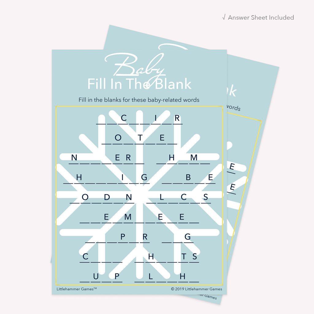 Snowflake-themed printable Baby Fill in the Blank card shown with matching answer sheet behind it