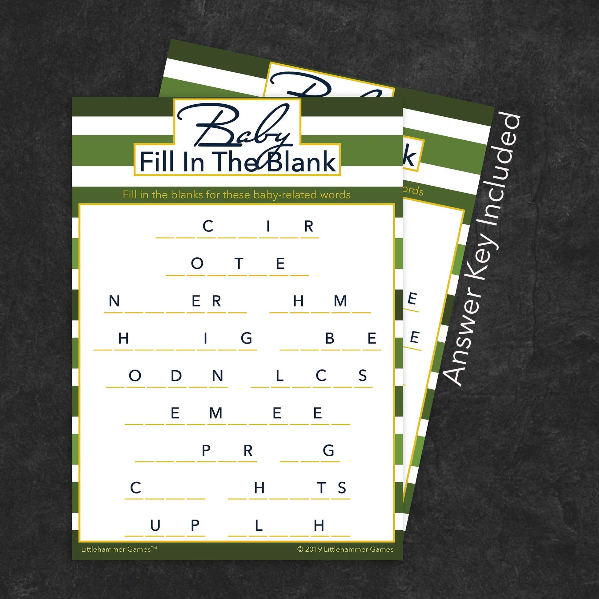 Baby Fill in the Blank game card with a green-striped background with answer card tucked behind it on a slate background with white text that says "Answer Key Included"