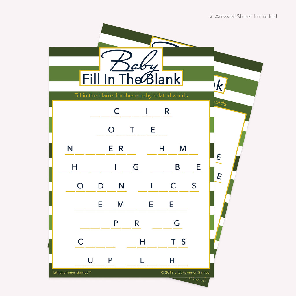Striped green, white, and gold printable Baby Fill in the Blank card shown with matching answer sheet behind it