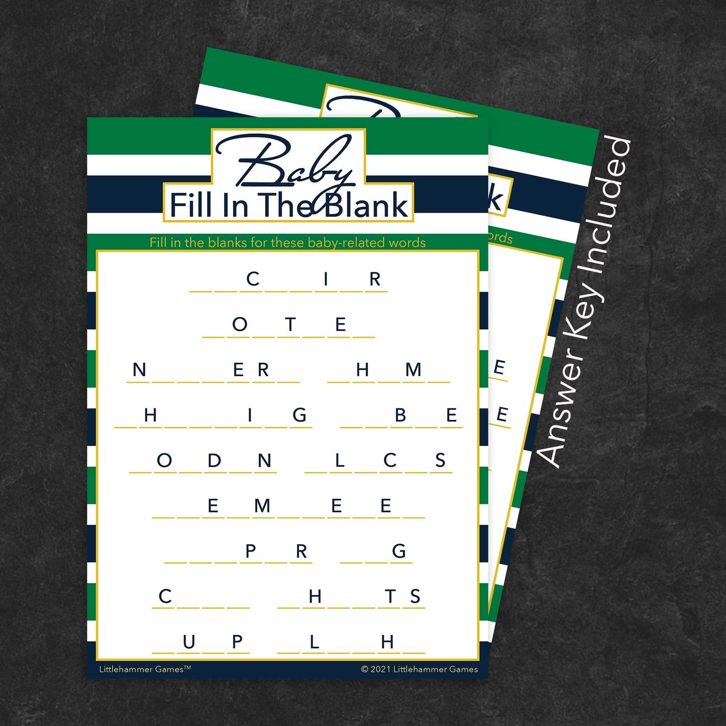 Baby Fill in the Blank game card with a green and navy-striped background with answer card tucked behind it on a slate background with white text that says "Answer Key Included"