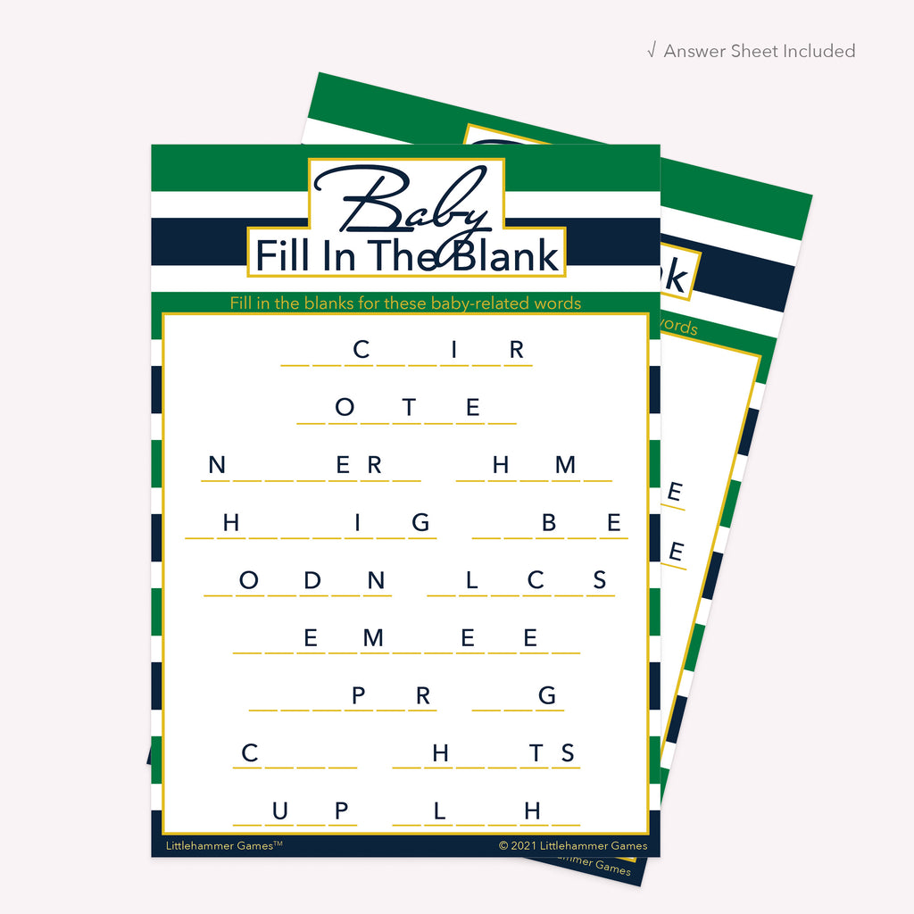Green and navy-striped printable Baby Fill in the Blank card shown with matching answer sheet behind it