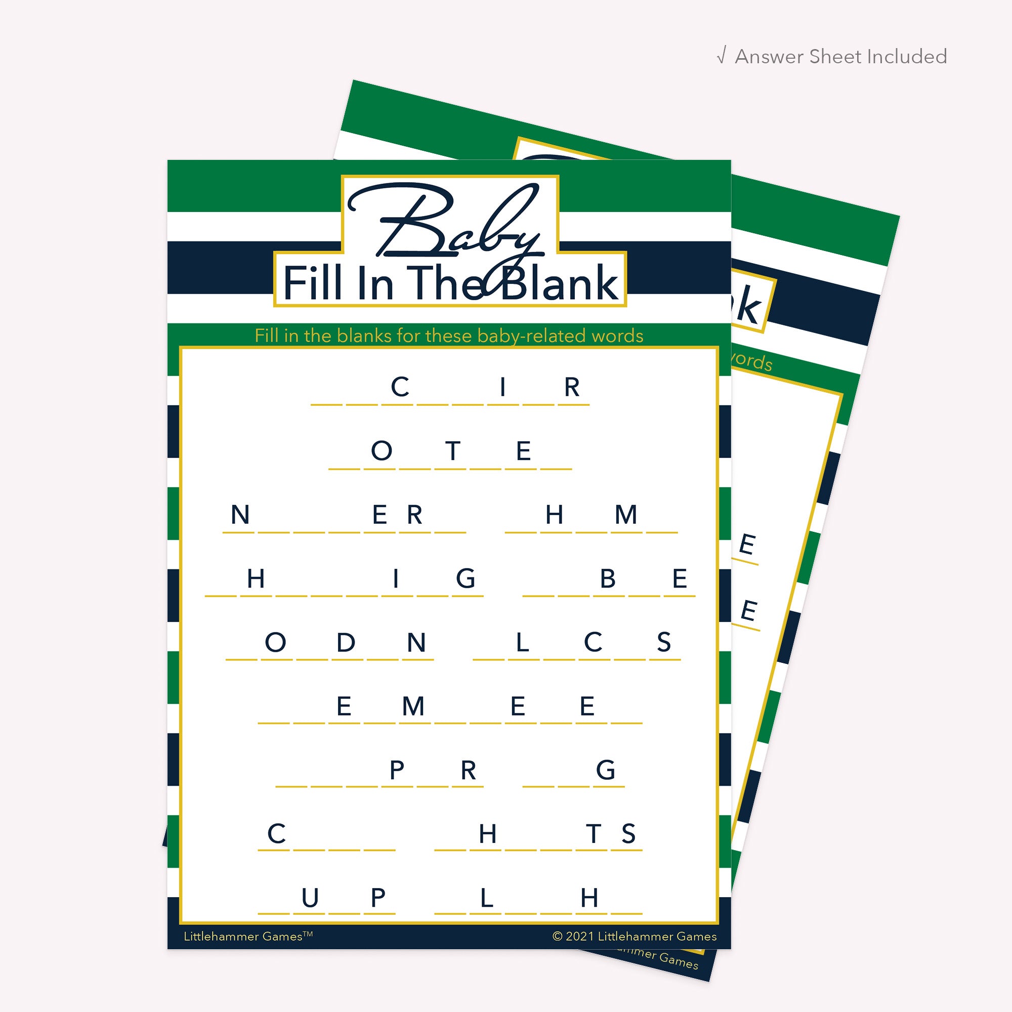 Green and navy-striped printable Baby Fill in the Blank card shown with matching answer sheet behind it