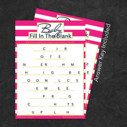 Baby Fill in the Blank game card with a pink-striped background with answer card tucked behind it on a slate background with white text that says "Answer Key Included"