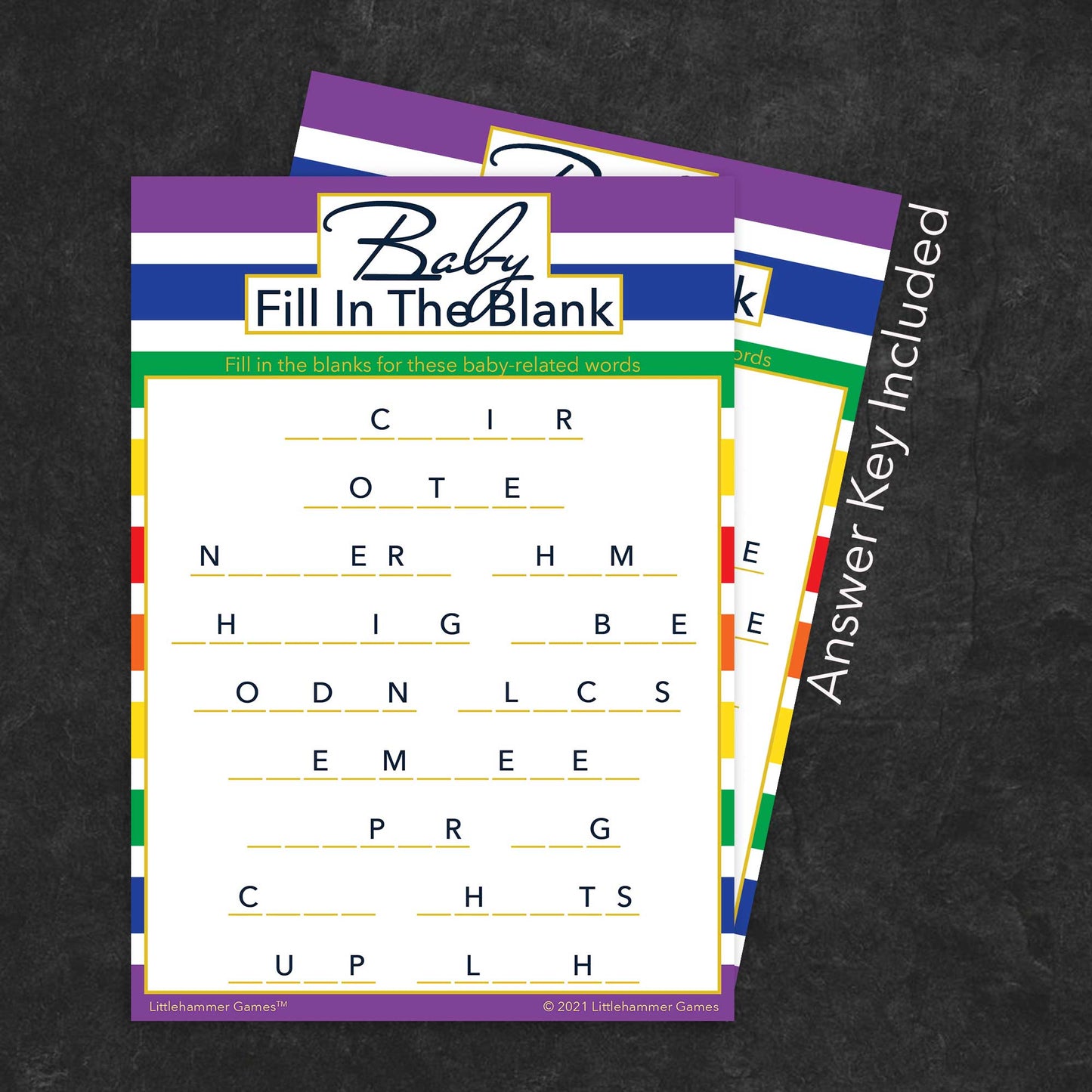 Baby Fill in the Blank game card with a rainbow-striped background with answer card tucked behind it on a slate background with white text that says "Answer Key Included"