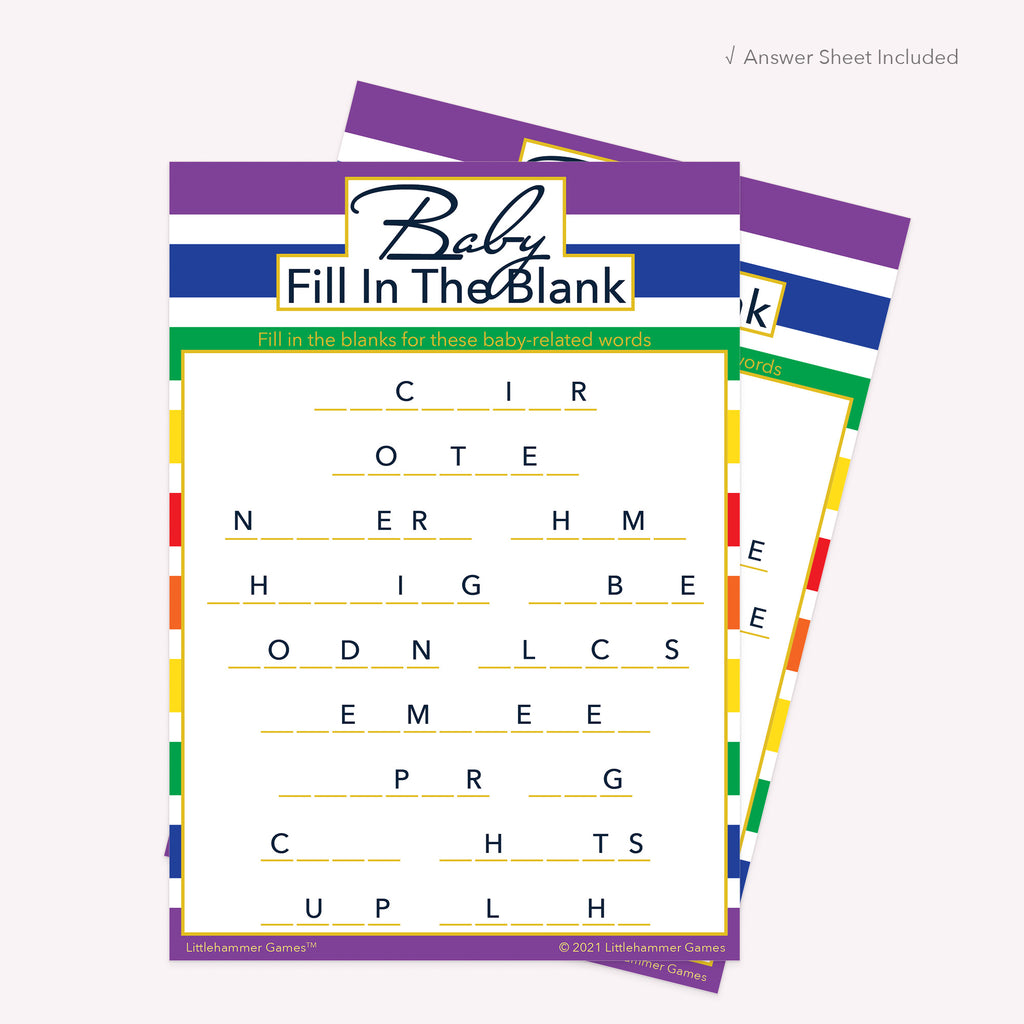 Baby Fill in the Blank game card with a rainbow-striped background with answer card tucked behind it on a slate background with white text that says "Answer Key Included"