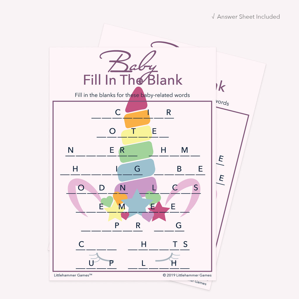 Pastel rainbow unicorn printable Baby Fill in the Blank card shown with matching answer sheet behind it