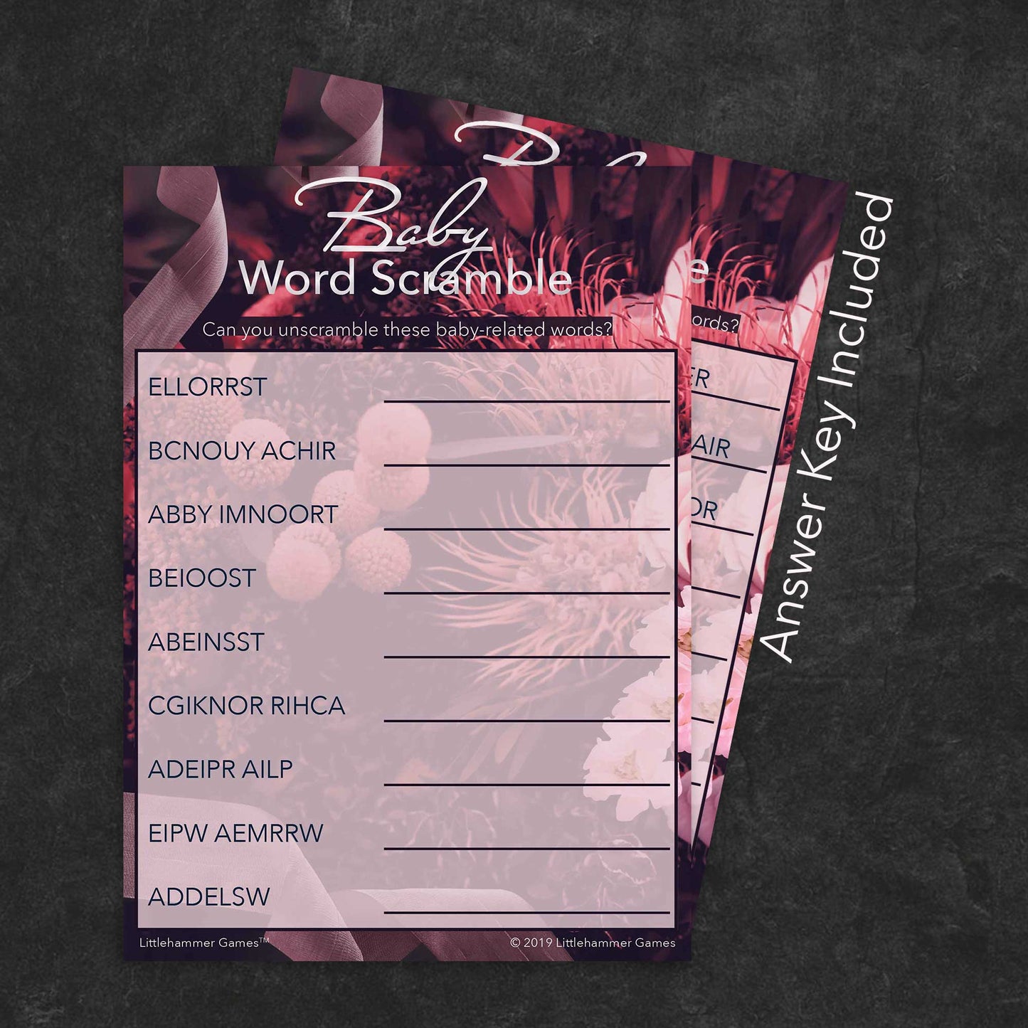 Baby Word Scramble game card with a dark floral background with answer card tucked behind it on a slate background with white text that says "Answer Key Included"
