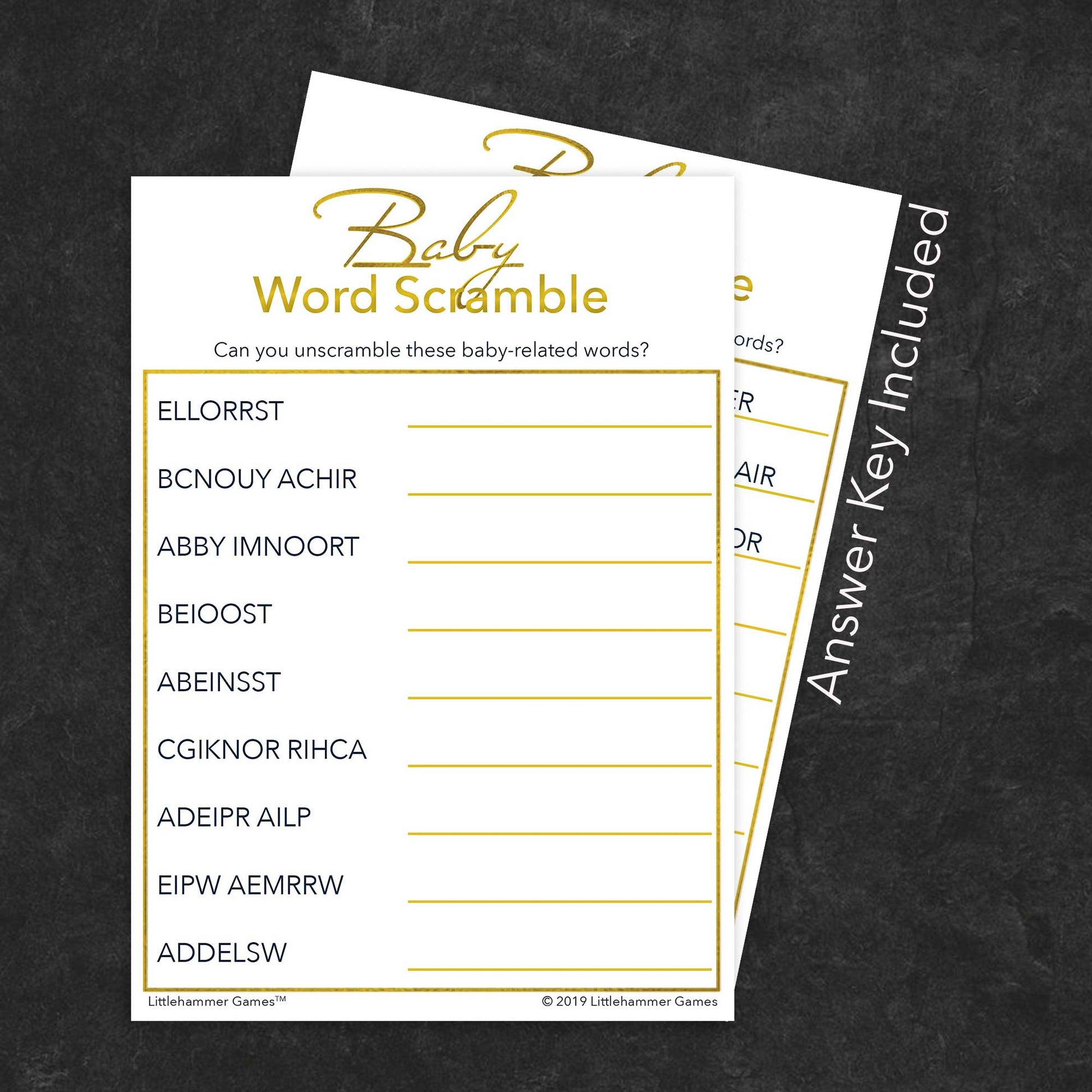 Baby Word Scramble game card with gold text on a white background with answer card tucked behind it on a slate background with white text that says "Answer Key Included"