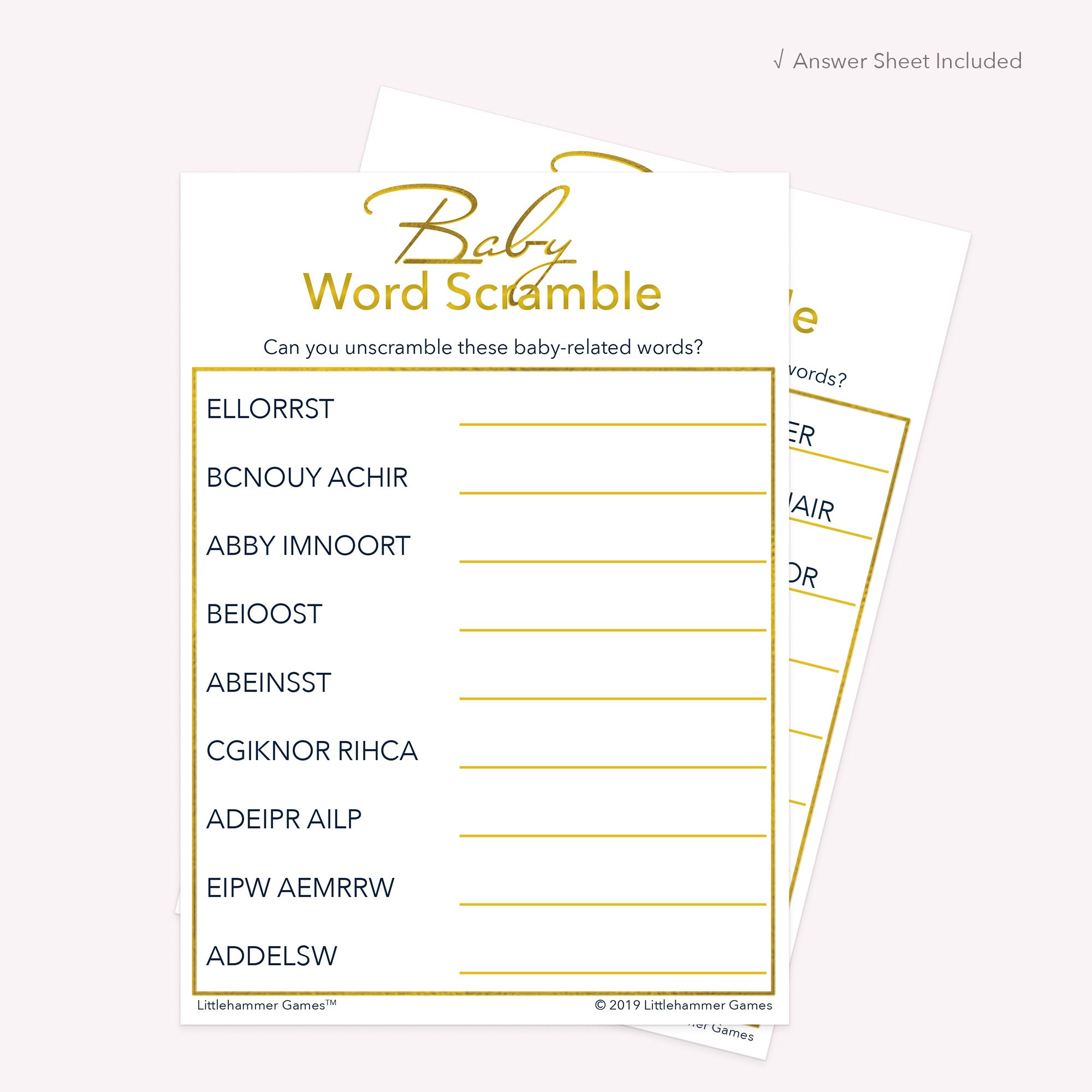 Printable Baby Word Scramble card with gold text on a white background displayed with answer sheet in the background