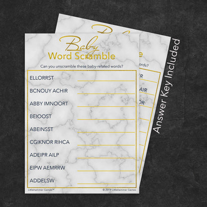 Baby Word Scramble game card with gold text on a marble background with answer card tucked behind it on a slate background with white text that says "Answer Key Included"