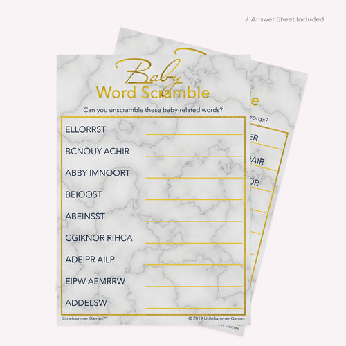 Baby Word Scramble game card with gold text on a marble background with answer card tucked behind it on a slate background with white text that says "Answer Key Included"