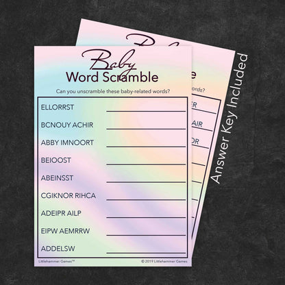 Baby Word Scramble game card with a rainbow holographic background with answer card tucked behind it on a slate background with white text that says "Answer Key Included"