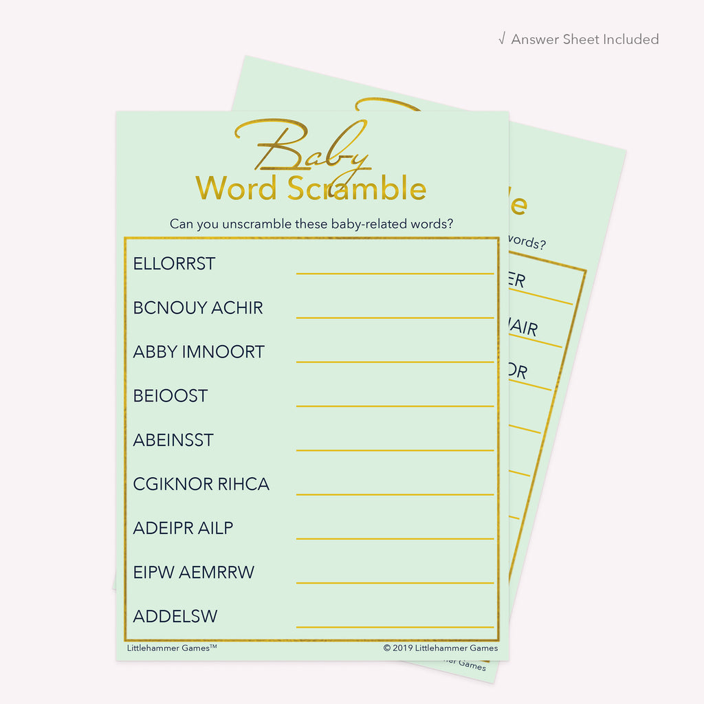 Printable mint green and gold Baby Word Scramble card displayed with answer sheet in the background