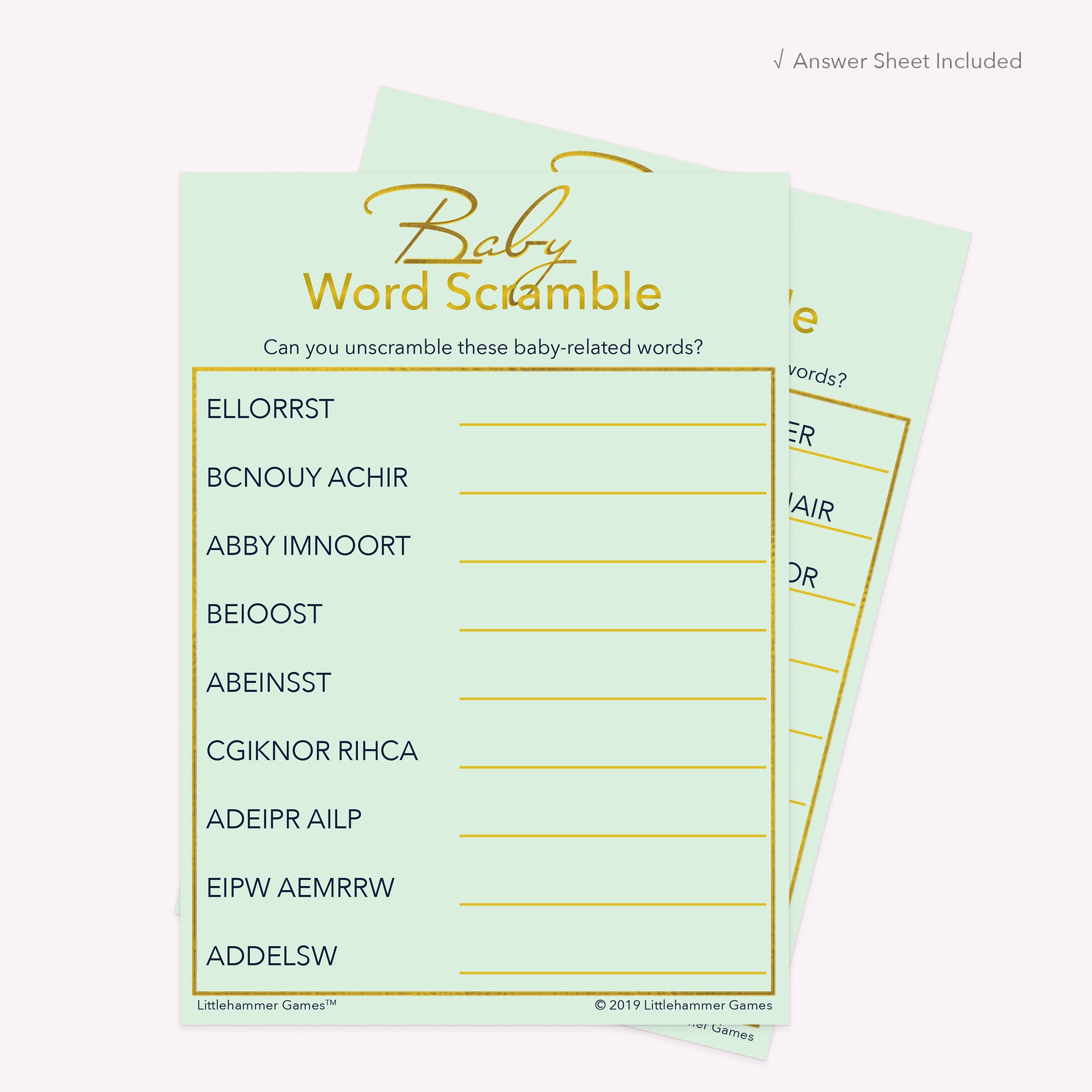 Printable mint green and gold Baby Word Scramble card displayed with answer sheet in the background