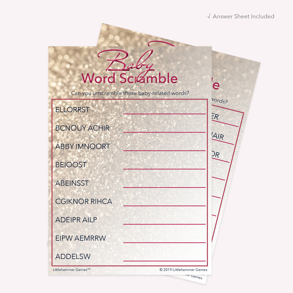 Printable rose gold glitter Baby Word Scramble card displayed with answer sheet in the background