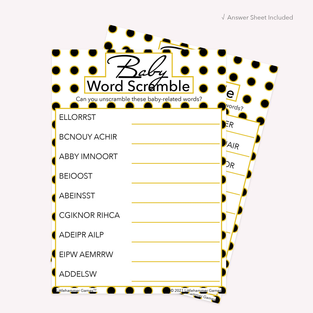 Printable black and gold polka dot Baby Word Scramble card displayed with answer sheet in the background