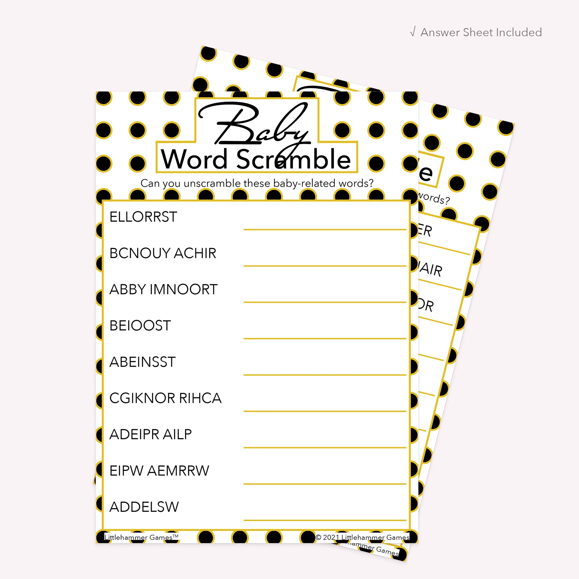 Printable black and gold polka dot Baby Word Scramble card displayed with answer sheet in the background