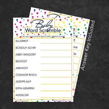 Baby Word Scramble game card with a rainbow polka dot background with answer card tucked behind it on a slate background with white text that says "Answer Key Included"