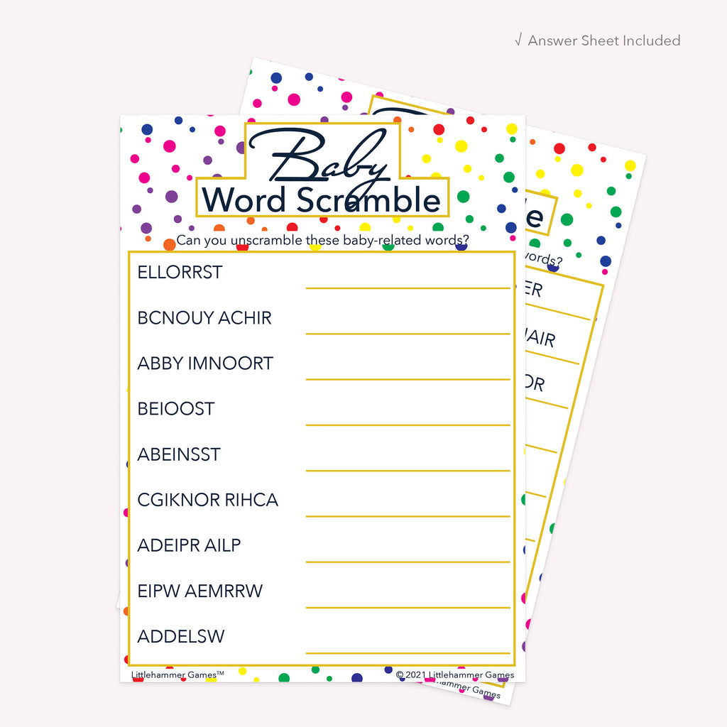 Baby Word Scramble game card with a rainbow polka dot background with answer card tucked behind it on a slate background with white text that says "Answer Key Included"