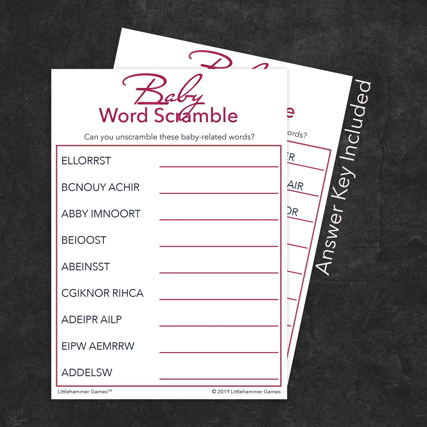 Baby Word Scramble game card with rose gold text on a white background with answer card tucked behind it on a slate background with white text that says "Answer Key Included"