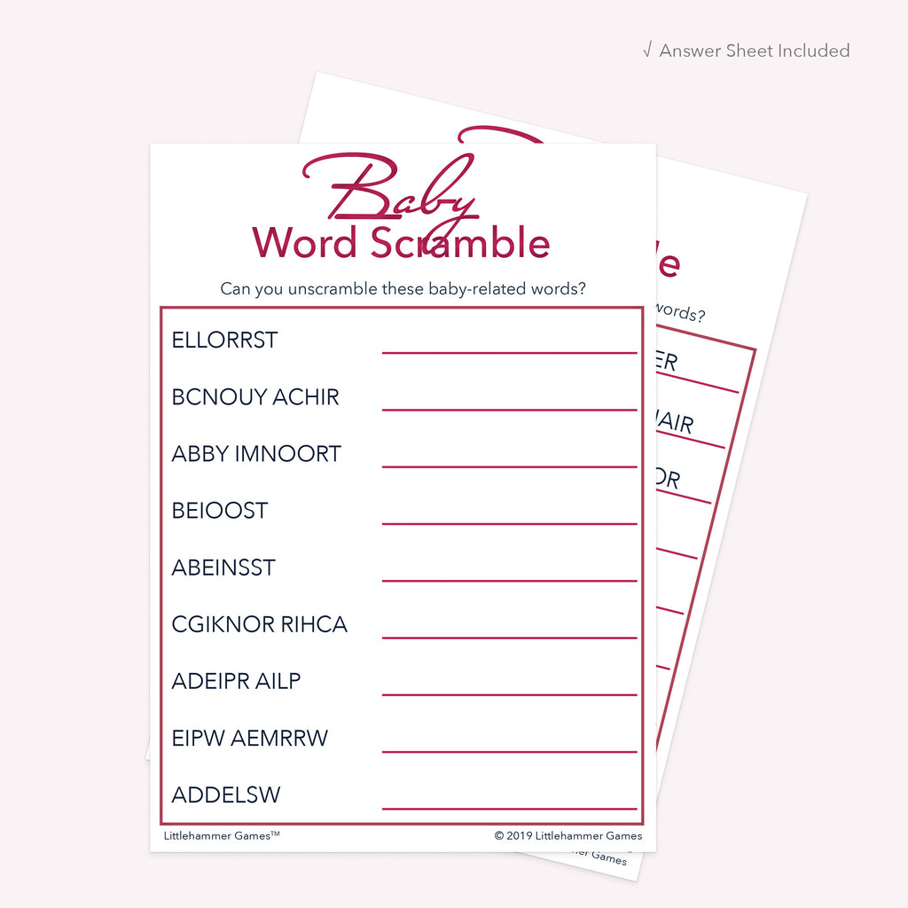 Printable rose gold and white Baby Word Scramble card displayed with answer sheet in the background