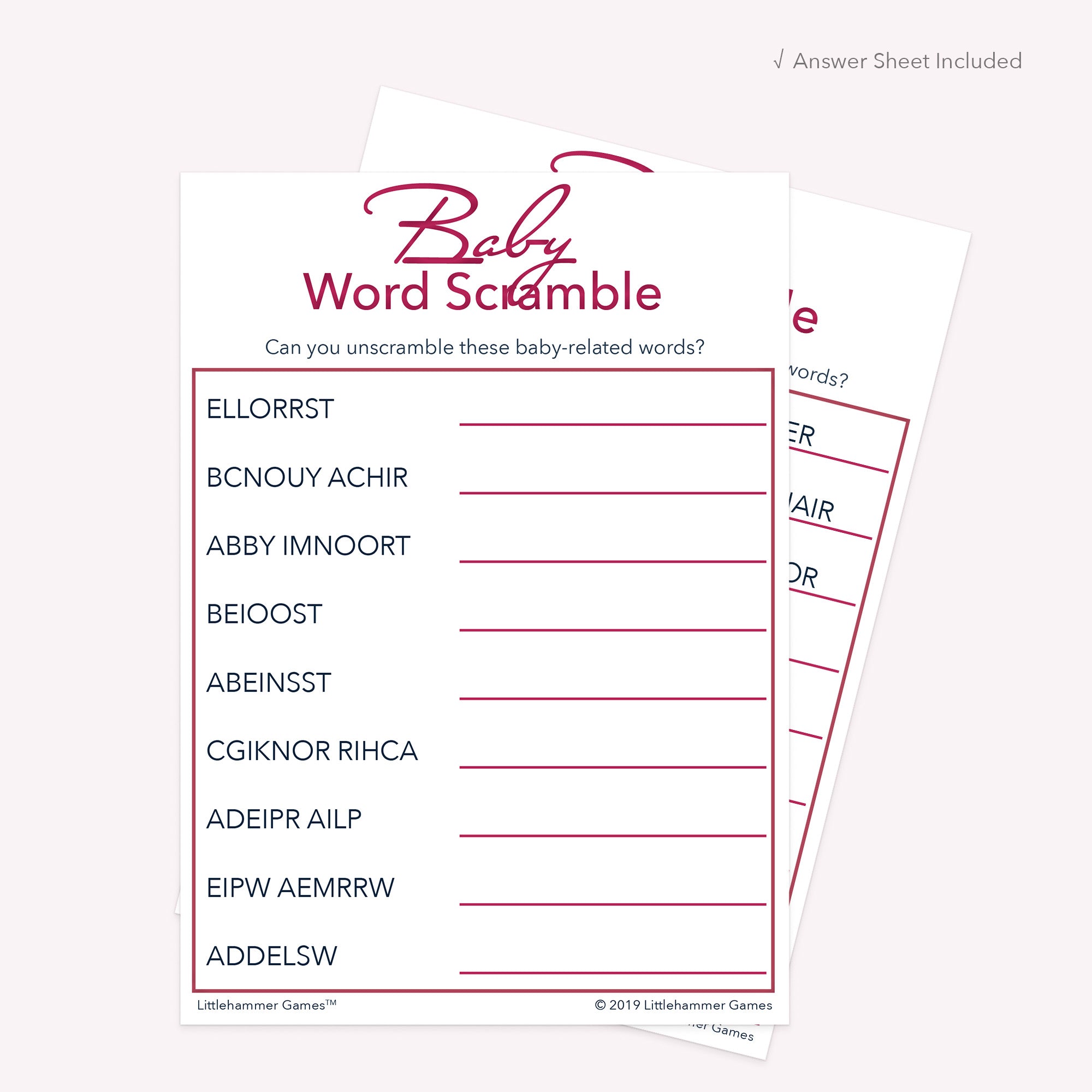 Printable rose gold and white Baby Word Scramble card displayed with answer sheet in the background