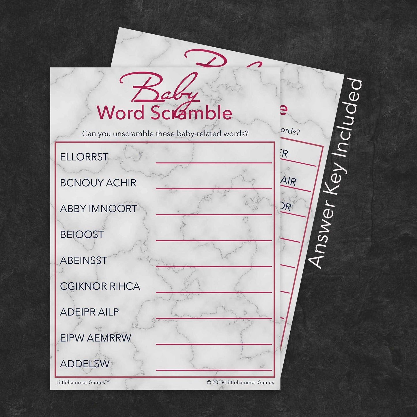 Baby Word Scramble game card with rose gold text on a marble background with answer card tucked behind it on a slate background with white text that says "Answer Key Included"