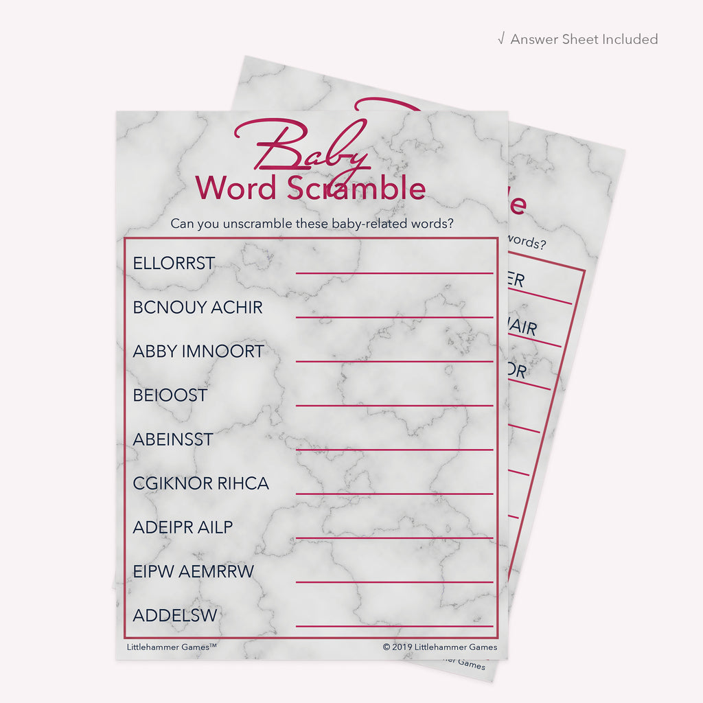 Printable marble and rose gold Baby Word Scramble card displayed with answer sheet in the background